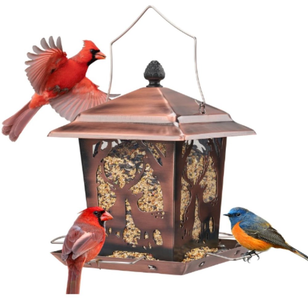 Copper Color Lantern Style Bird Feeder for Outdoors - Wild Bird Hopper Feeder